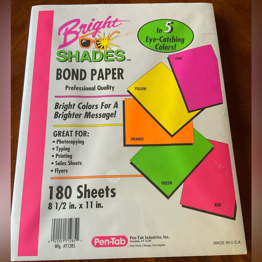 Printing, copy paper, Bright colors, Pen-Tab brand, 180 sheets, 8 1/2” x 11” USA